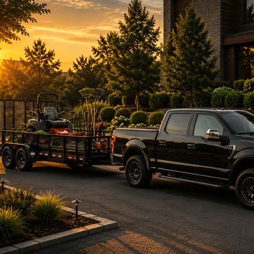 Black truck towing a trailer with a lawn mower at sunset.