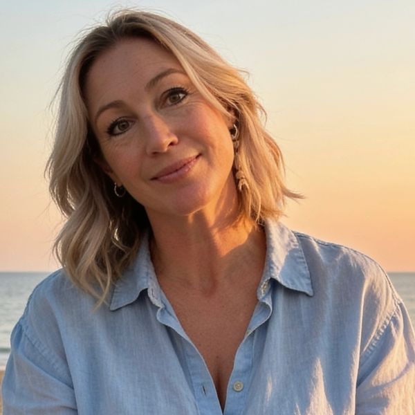 Woman smiling at sunset by the sea.