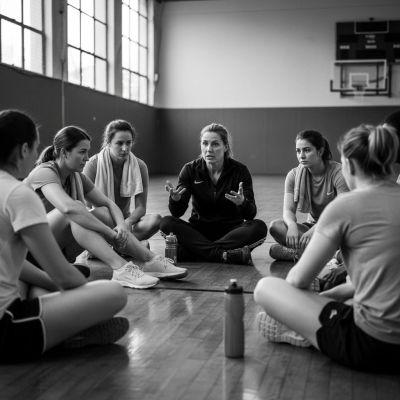 Basketball coach talking to players during a team meeting.