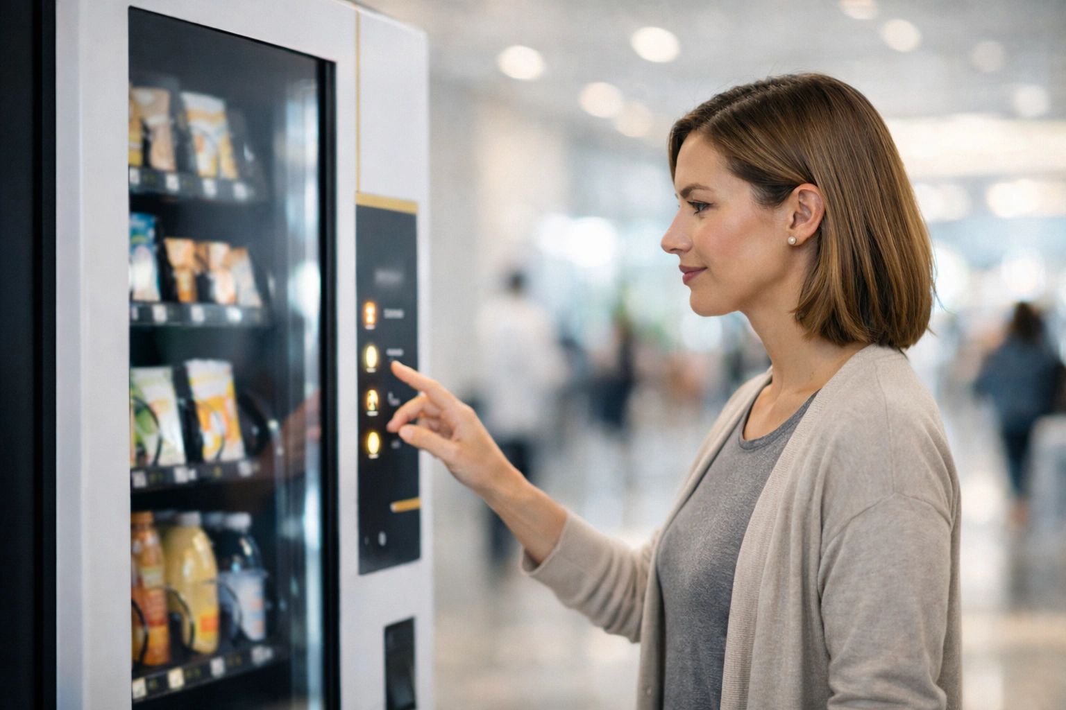 Woman choosing a nutritious snack from a modern vending machine.