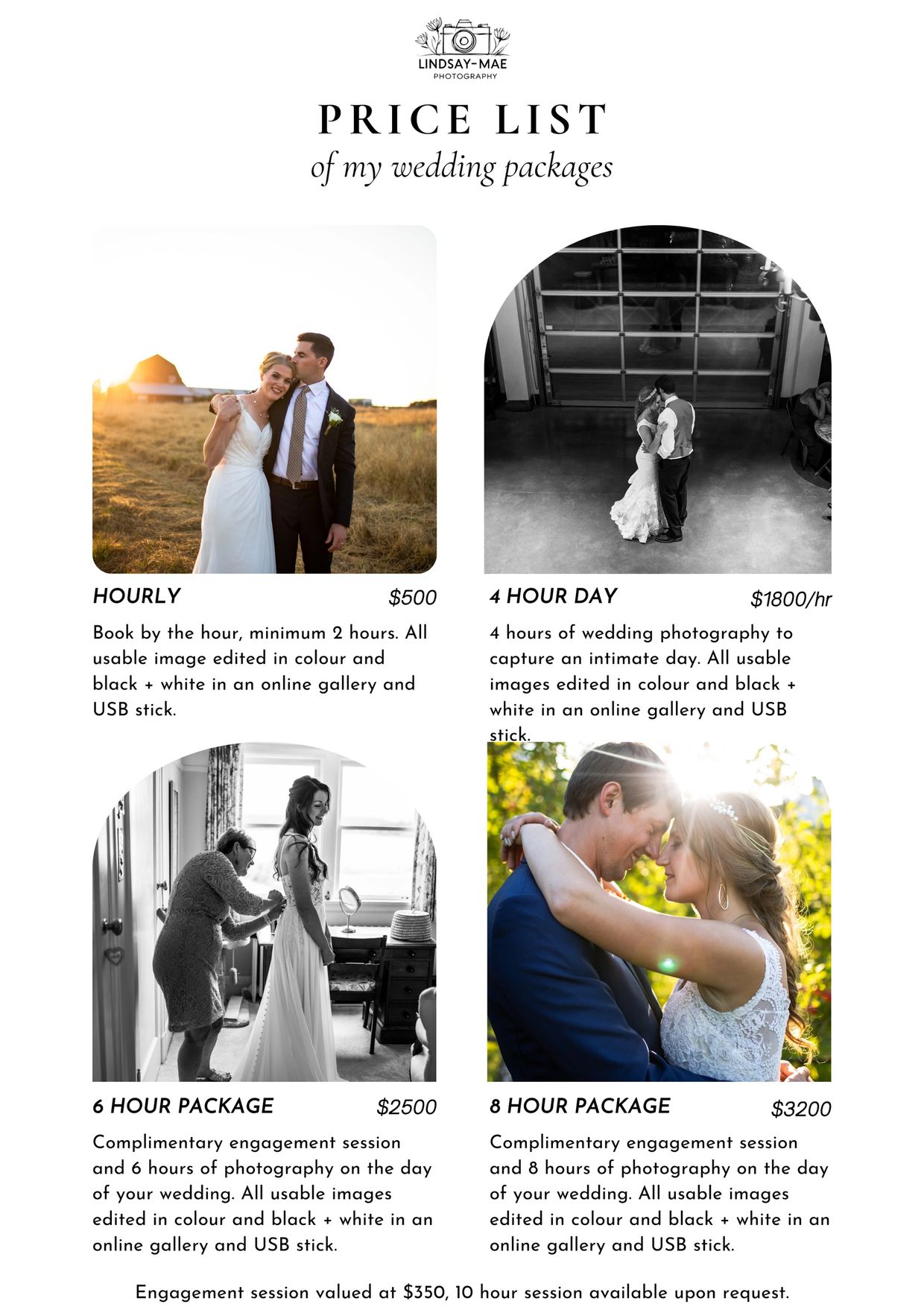 Hourly: $500 per hour, minimum 2 hour booking, 4 Hr day $1800, 6 Hr day: $2500, 8 Hour day: $3200