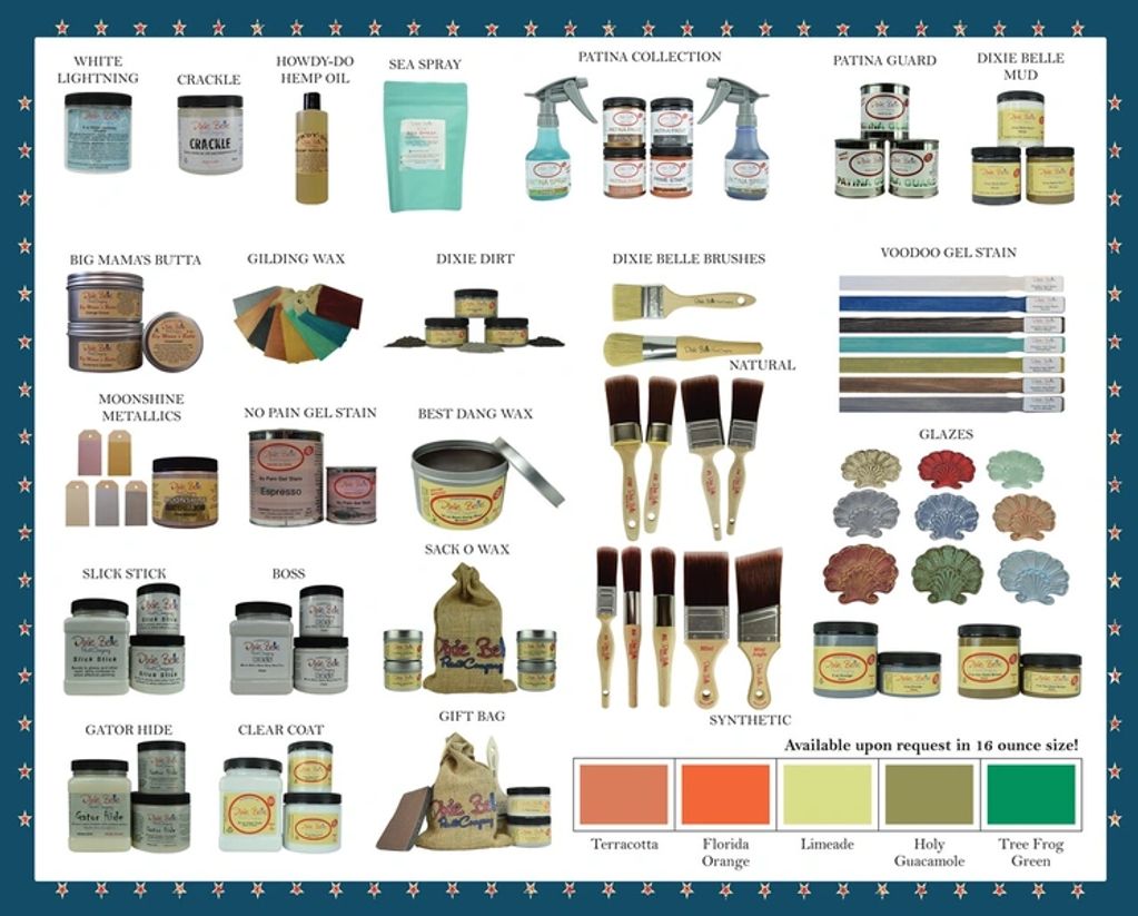 Dixie Belle products include: chalk mineral paint, prep products, finishes, glazes, mousses, etc. 