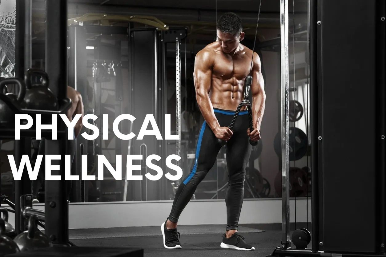 Male working out in the gym, standing, arms and chest muscles are shown, six-pack abs are shown. 