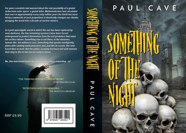 Book cover showing skulls and a dark, eerie landscape for a sci-fi thriller.