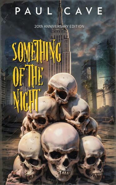 Pile of skulls in a dark, ruined cityscape with tall buildings.