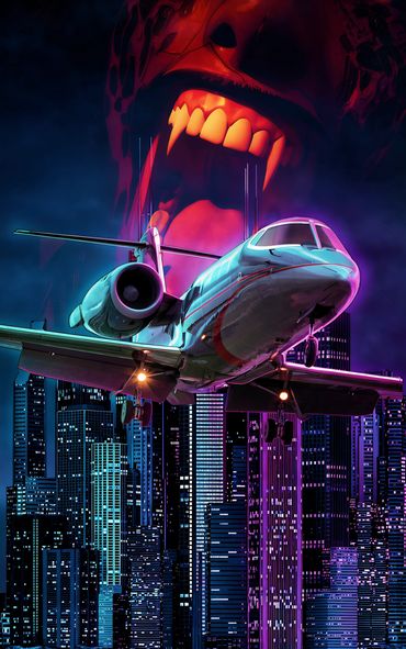 A jet flies over a neon-lit city with a giant menacing face in the sky.