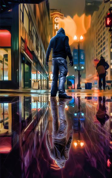A person in a hoodie walking in a neon-lit city street reflected in a puddle at night.