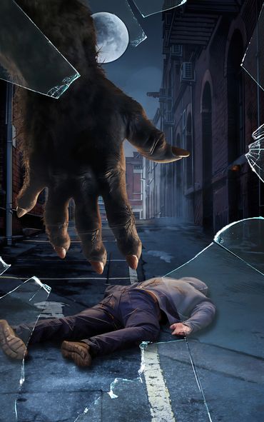 A large monstrous hand reaching towards a person lying on the street at night.