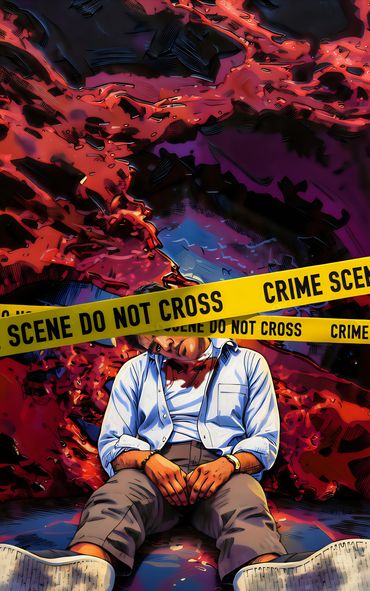 Illustration of a crime scene with a person behind caution tape and a dramatic red background.