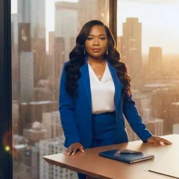 Confident businesswoman in a blue suit standing by a desk with cityscape view.