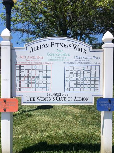 Albion Fitness Walk sign with route maps and sponsorship information.