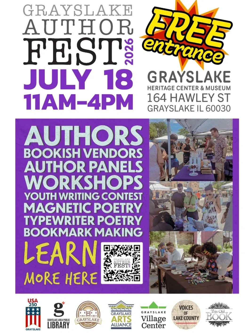 Grayslake Author Fest on July 18, 2026, with free entrance and various literary activities.
