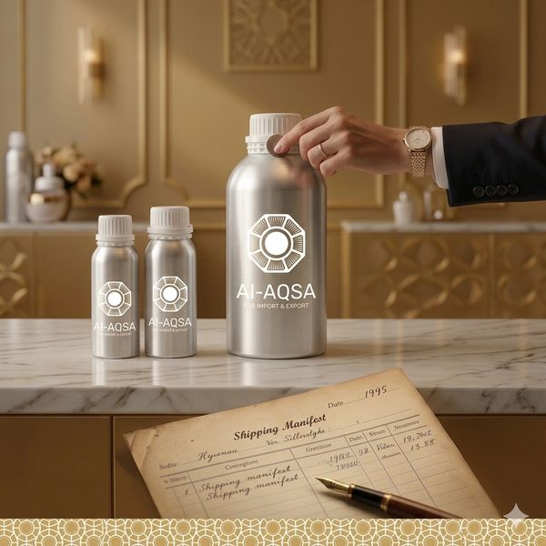 Elegant silver bottles labeled AI-AQSA with a vintage shipping manifest and pen on marble counter.