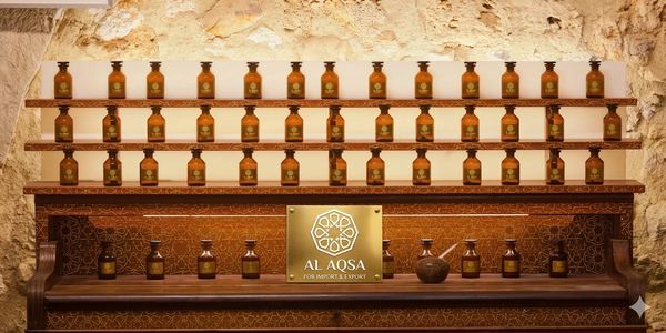 Display of traditional glass bottles with a sign reading 'Al Aqsa for Import &amp; Export'.