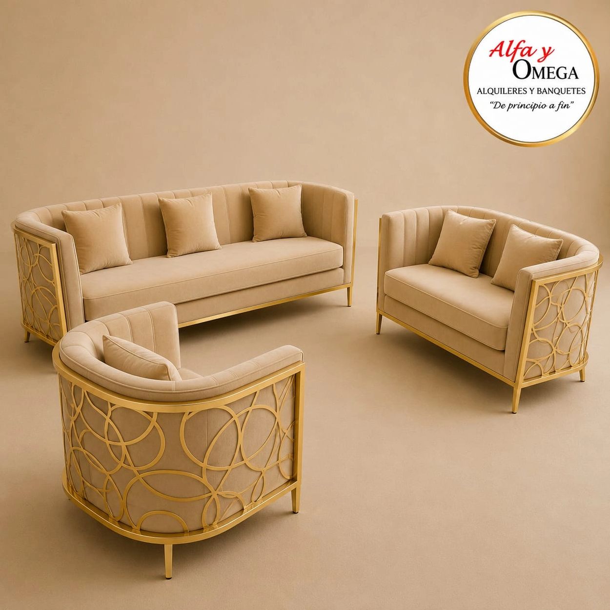 Sala Versalles cómodidad en tela velvet.
Color Beige con diseño de acero inox color dorado 6 pers.

