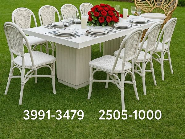 Mesa rectangular blanca moderna con sillas tipo rattan plastico Monaco, silla tipo trono de rattan