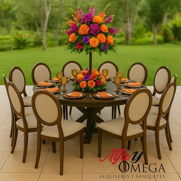Mesa redonda de madera para 10 personas con sillas Dior color beige con cafe, arreglo floral alto 