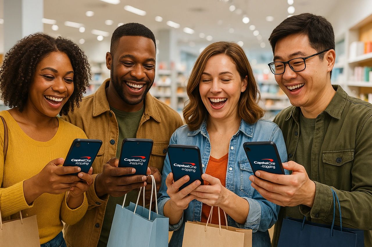 Four people using the Capitol One Shopping App