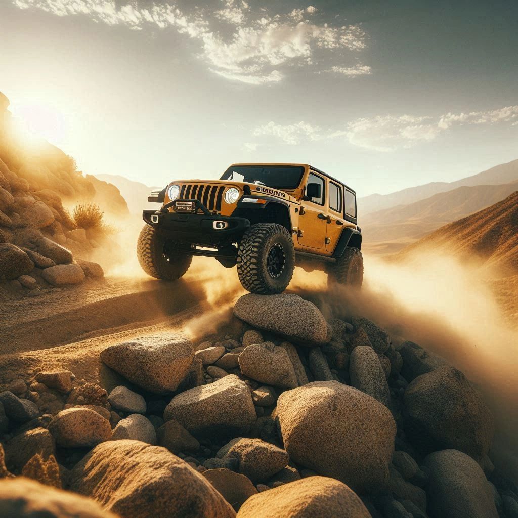 Yellow Jeep Wrangler Rock Crawling At A slow Speed In Low Gear avoiding Obstacles