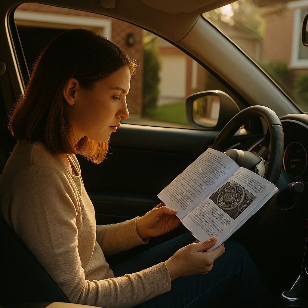 Women reading her cars owners manual