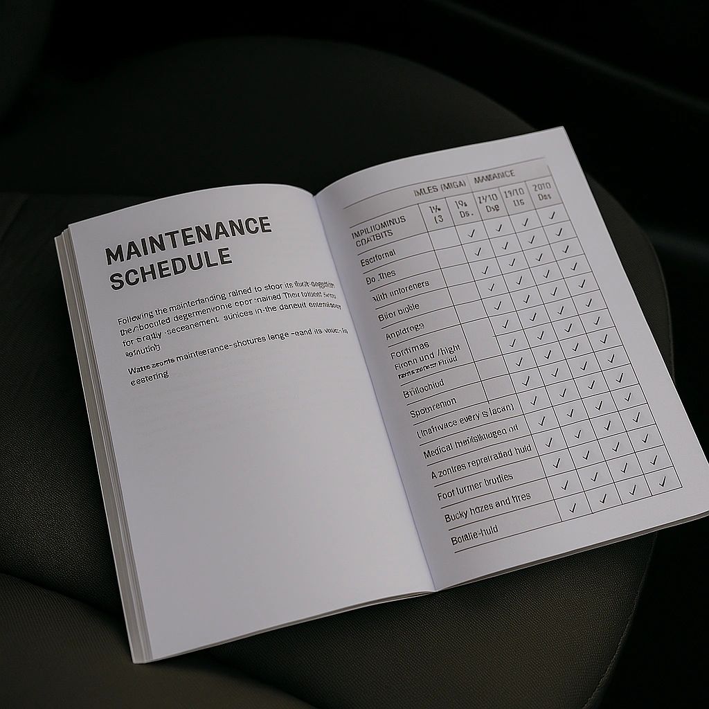 Car's owners manual opened to the Maintenance Schedule page