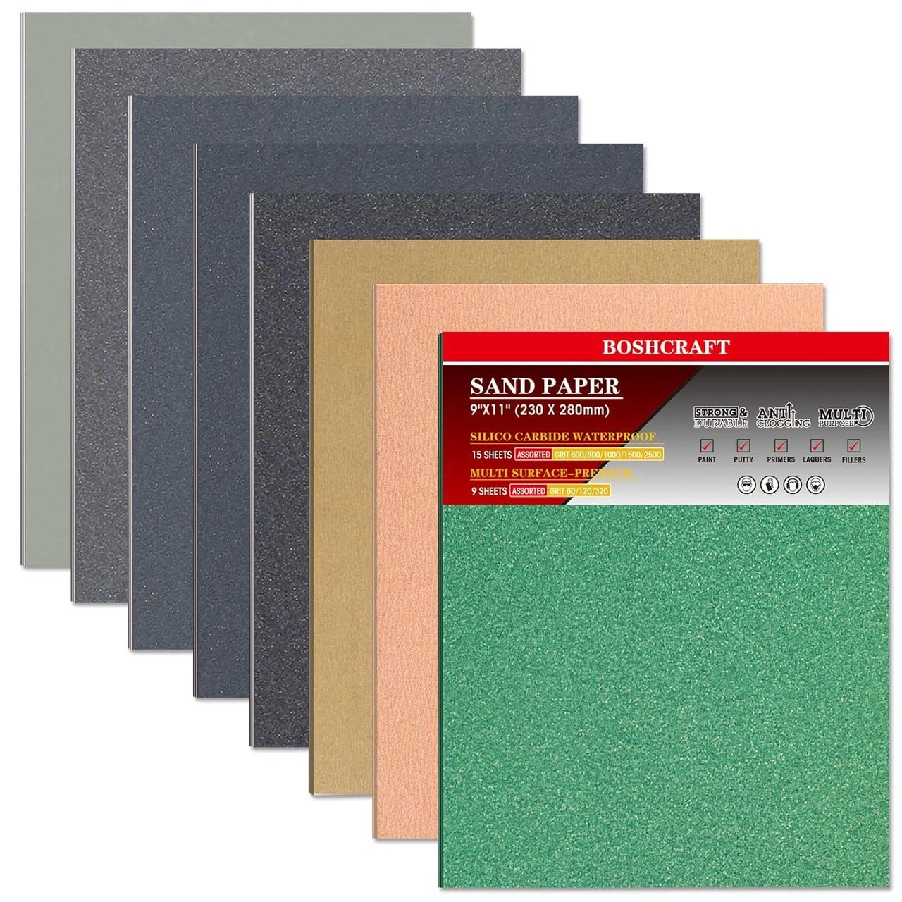 Sandpaper, Wet & Dry Sandpaper Assortment 60/120/320/600/800/1000/1500/2500 Grit Sand Paper for Automotive  9 × 11 inch Sandpaper Sheets