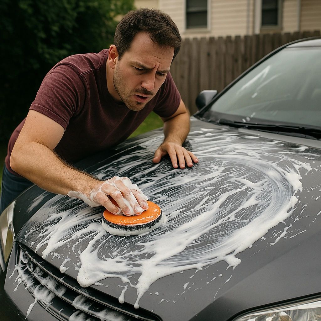 a persont waxing a car using to much wax