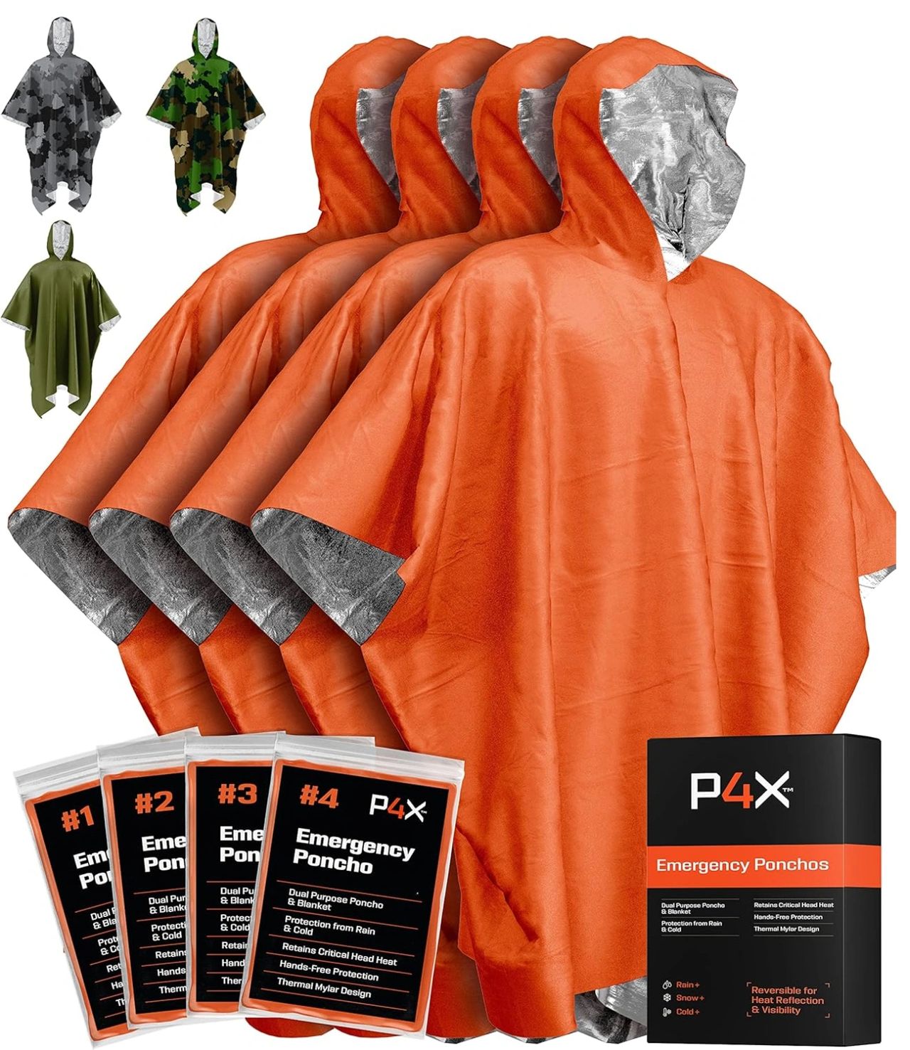 PREPARED4X Emergency Rain Poncho with Mylar Blanket Liner - Survival Blankets for Car - Heavy Duty, Waterproof Camping Gear