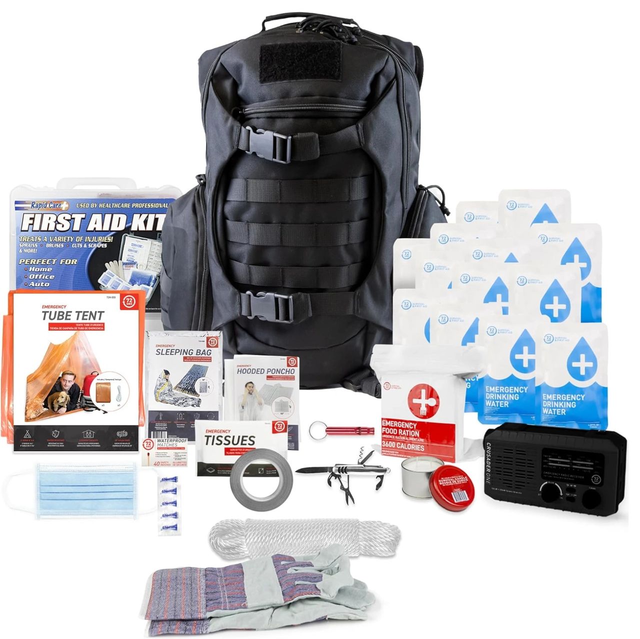 72 HRS Deluxe Emergency Survival Kit - Heavy Duty 72 Hour Bag Survival Kit for Earthquake, Hurricane, Tsunami, Winter, Blackout - Includes Emergency First Aid Kit, Water, Food