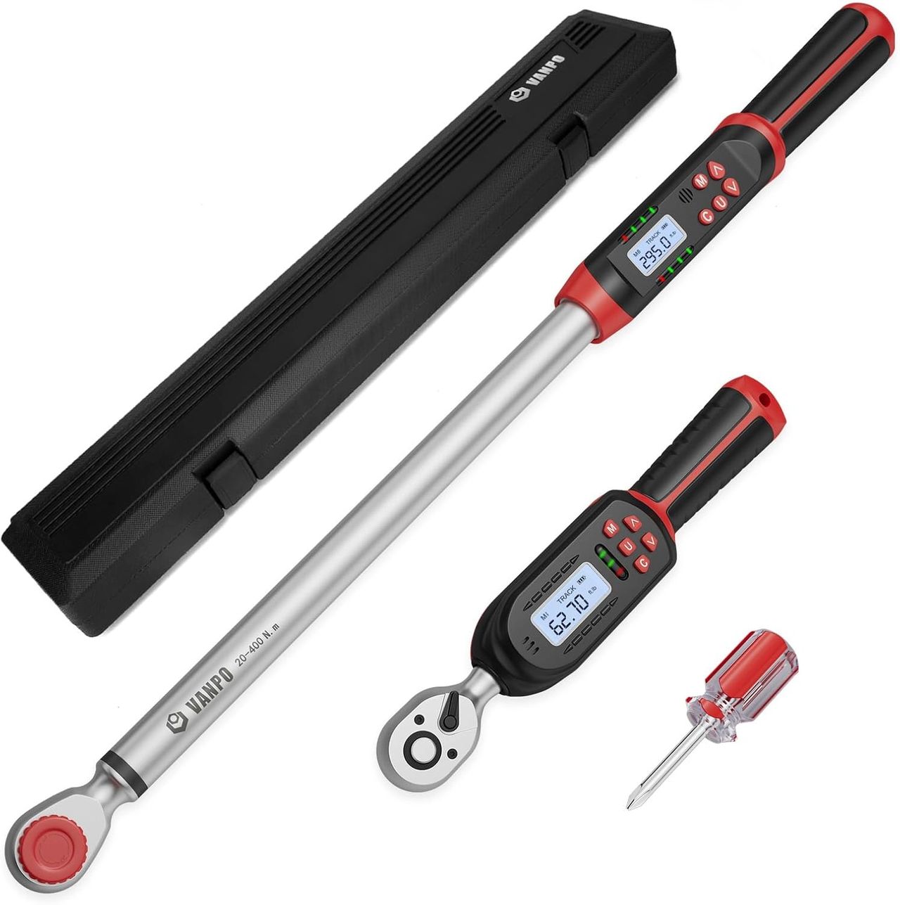 Vanpo Digital Torque Wrench Set, 2Pcs 3/8" (3.1-62.7Ft.lb/4.2-85Nm) & 1/2" (14.7-295Ft.lb/20-400Nm) Electronic Torque Wrench with Buzzer, LED Indicator, Preset Value, Data Storage for Bike, Moto, Car