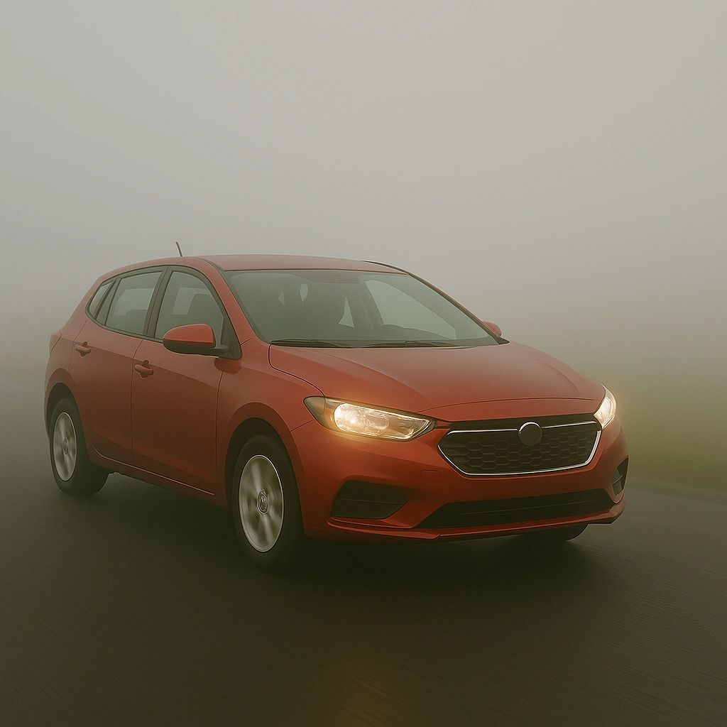 A Red car driving in the fog