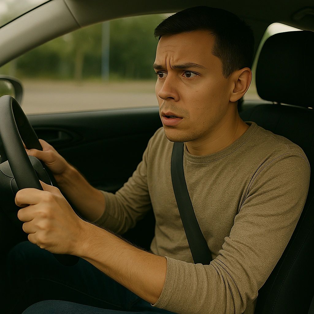  A man  driving with both hands on the steering wheel who is experiencing that heart-stopping moment when he needs to brake his vehicle suddenly