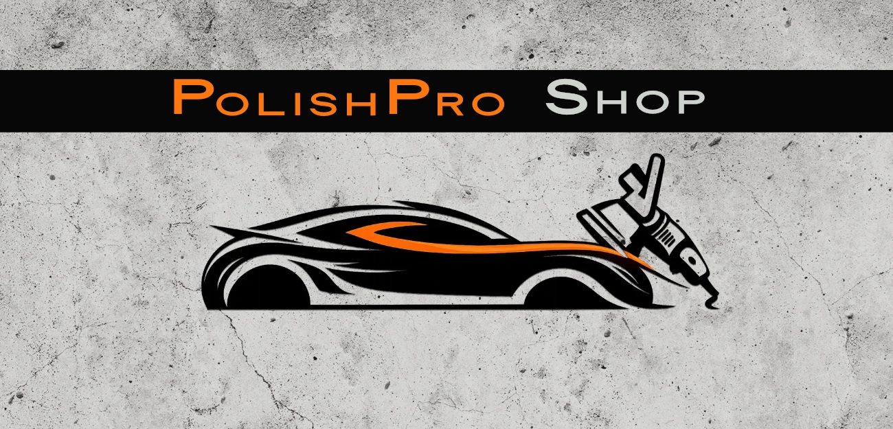 Sleek car silhouette and polishing tool in PolishPro Shop logo.