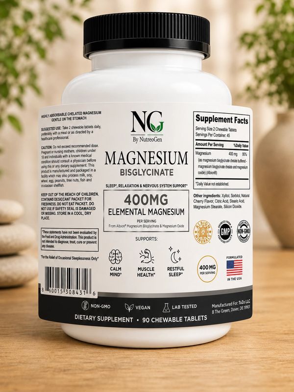 Bottle of NutreoGen Magnesium Bisglycinate dietary supplement with 400mg elemental magnesium.