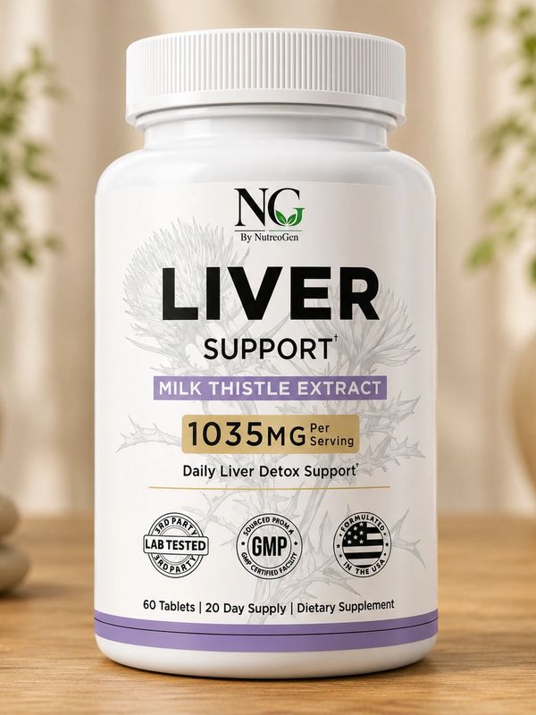 Bottle of NutreoGen liver support supplement with milk thistle extract.