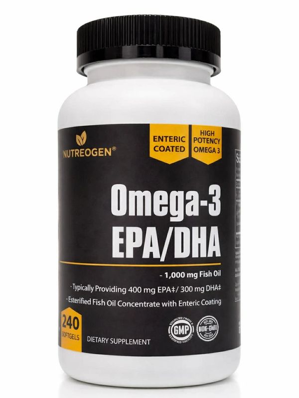 Bottle of Nutreogen Omega-3 EPA/DHA fish oil supplements with 240 softgels.