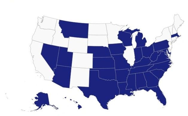 Map showing some U.S. states in dark blue and others in white.