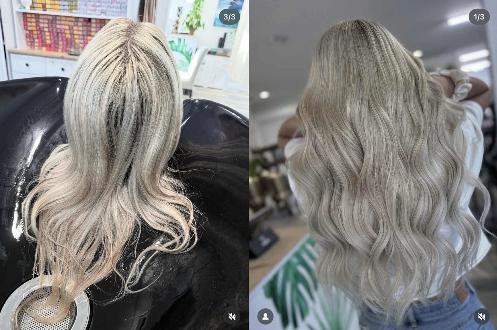 Before and after shots of platinum blonde wavy hair transformation.