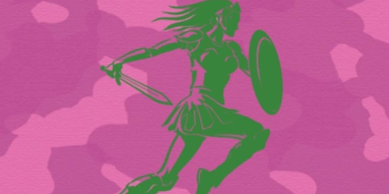 Green warrior woman with sword and shield on pink background.
