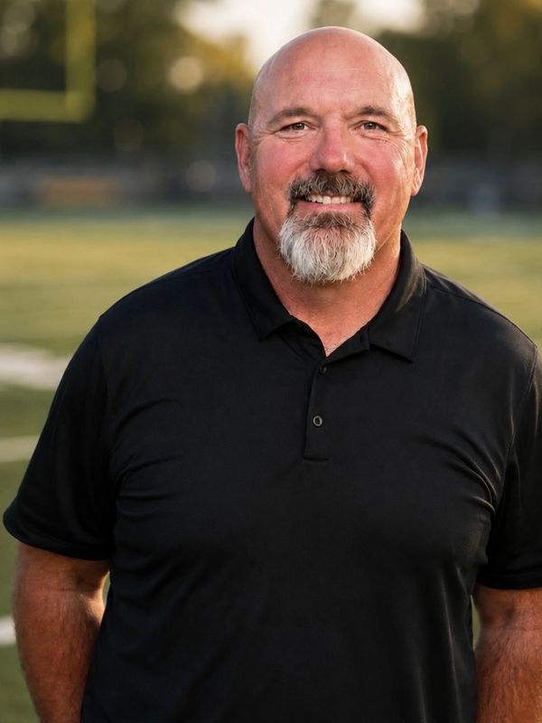 Smiling bald man with a beard in a black polo shirt.