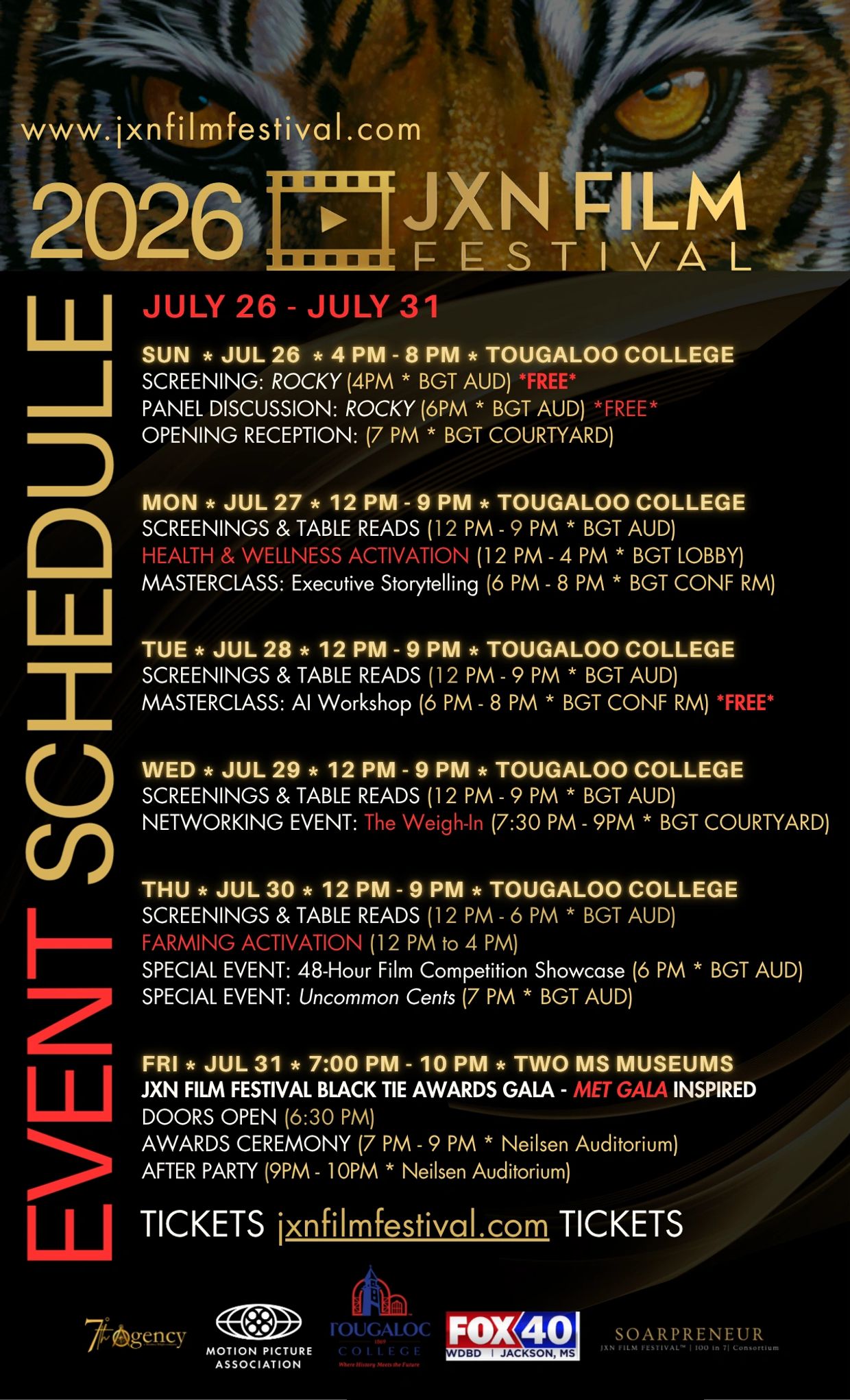 2026 JXN Film Festival event schedule from July 26-31 at Tougaloo College and Two MS Museums.