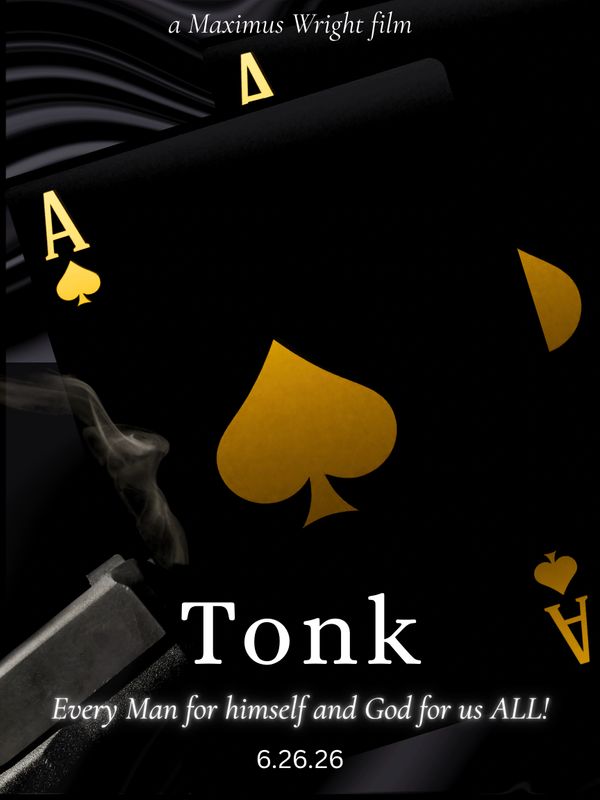 Movie poster for 'Tonk' featuring golden ace of spades cards and a smoking gun.