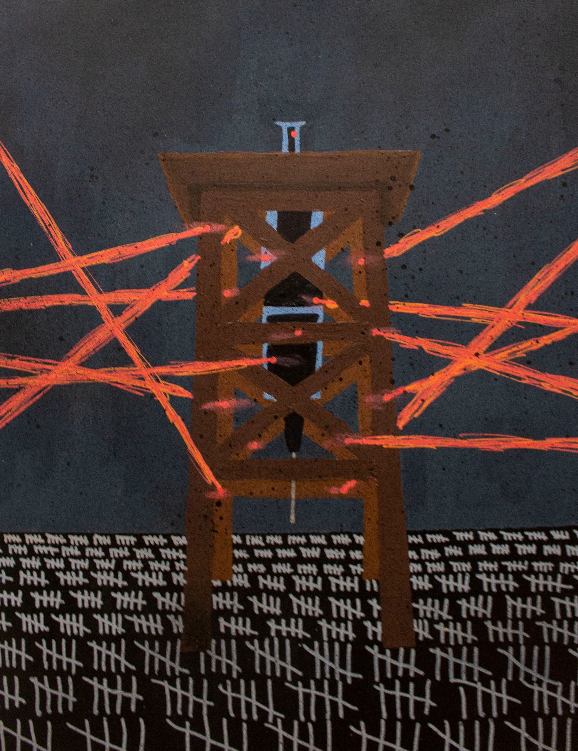 A shot that is attached to a tower with many lasers pointing at it. 