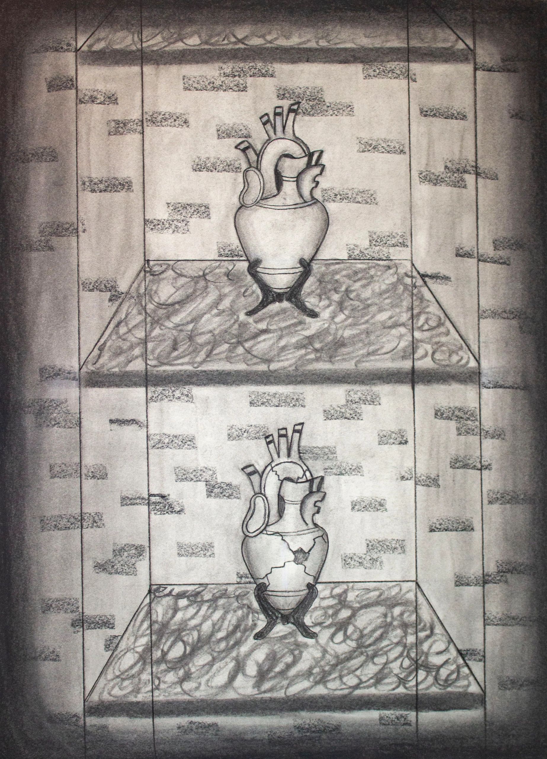 Two porcelain heats in a display case. The top heart is perfect while the bottom heart has a hole in