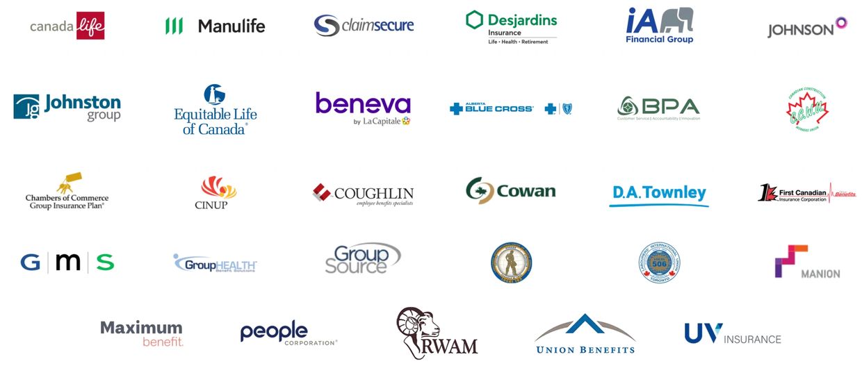 A collection of various insurance and benefits company logos arranged in a grid.