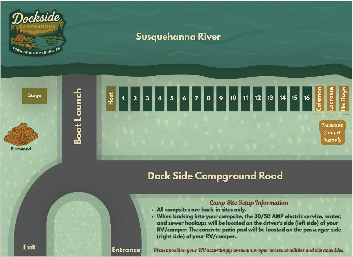 Map of Dockside Campground with campsites along Susquehanna River and amenities.