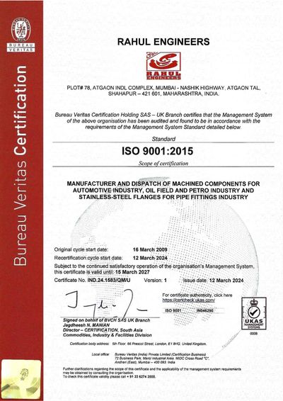 ISO 9001:2015 certification for Rahul Engineers in manufacturing and dispatching machined components.