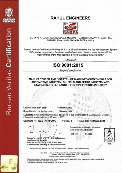 ISO 9001:2015 certification issued to Rahul Engineers by Bureau Veritas.
