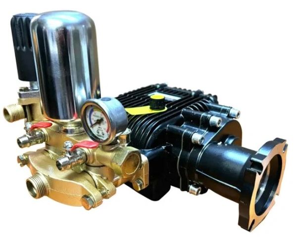 High-pressure pump with pressure gauge and brass fittings.