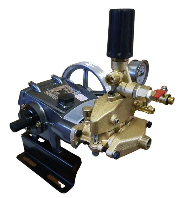 High-pressure water pump with brass components and pressure gauge.